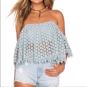 Tularosa Moss Green Crochet Off the Shoulder Crop Blouse